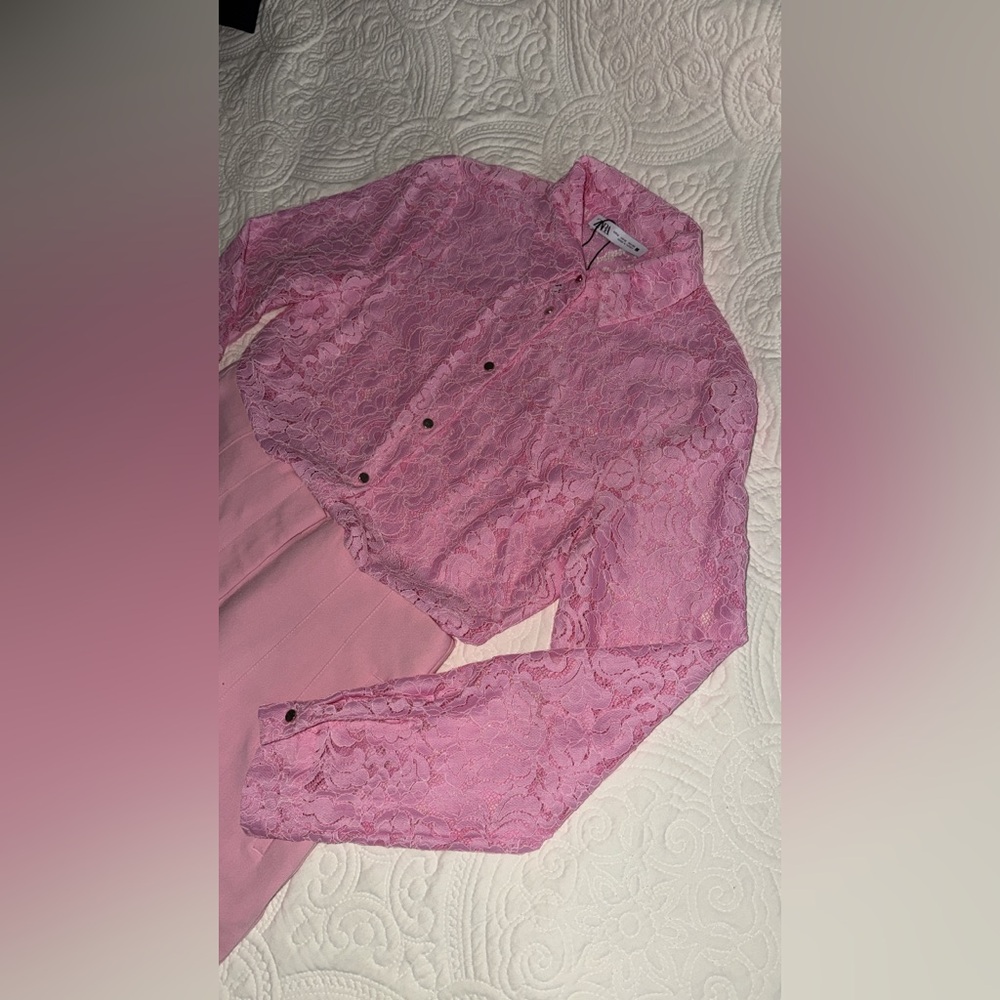 Zara Pink Lace Button-Up Blouse and Pants - Picture 5 of 7